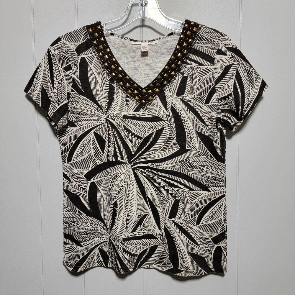JM Collection‎ Petite Black White Leaf Print V Neck Studded Top Size S